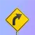 Yellow road sign with a curved arrow pointing right on a purple background