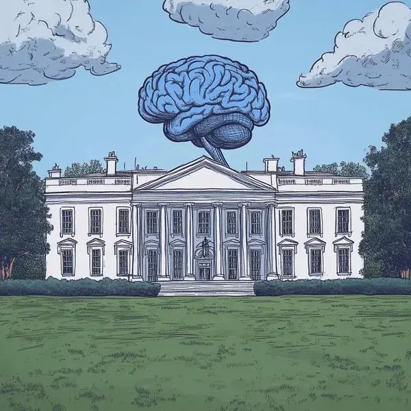 AI illustration of a government building with a brain floating above it