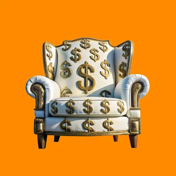 AI illustration of a comfortable plush chair covered in dollar signs