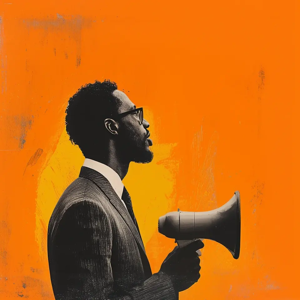 A professional man in profile holding a megaphone, set against a bold orange abstract background.