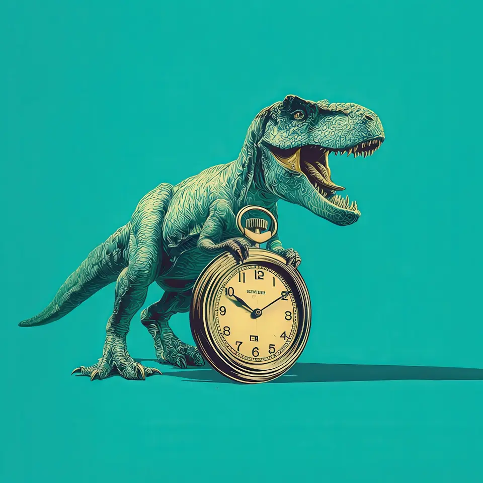 A T-Rex stands behind a large vintage pocket watch against a teal background.