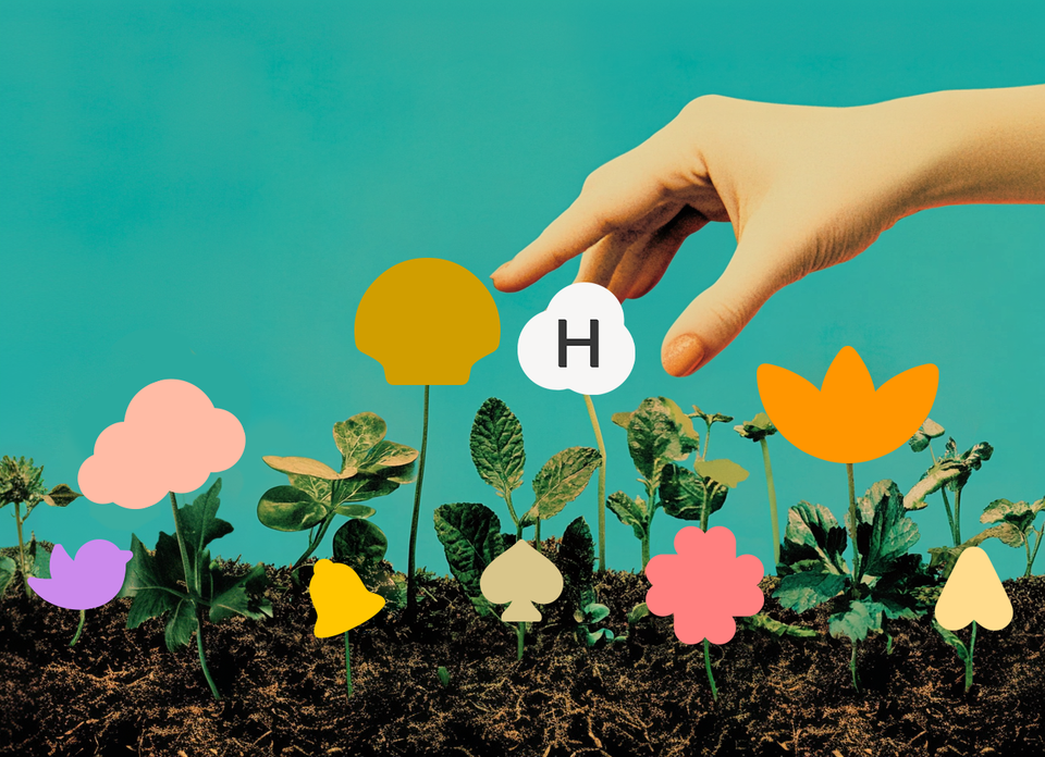 AI illustration of a garden with stylized shapes in place of flower heads and a woman's hand plucking a flower with a Haloo logo