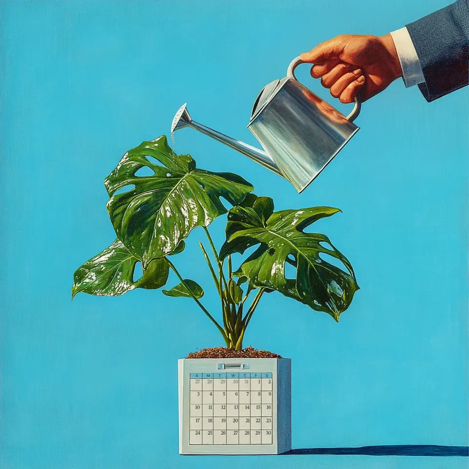 AI illustration featuring a hand in a suit holds a silver watering can, pouring water over a green monstera plant growing out of a square pot designed as a calendar on a bright blue background
