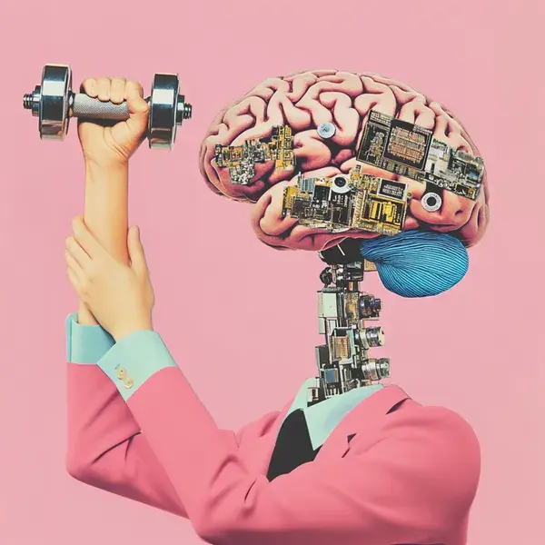 AI illustration featuring a hybrid human robot lifting a weight