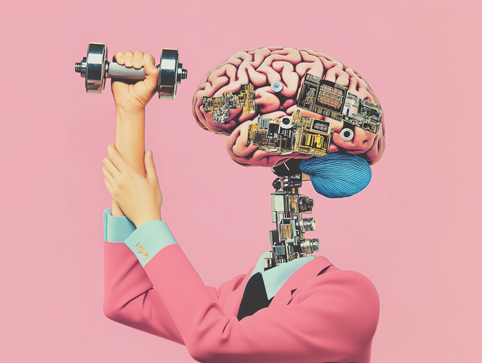 AI illustration featuring a hybrid human robot lifting a weight