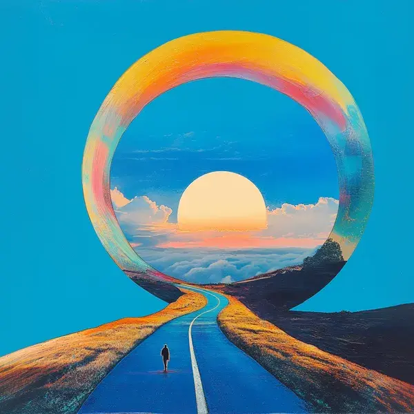 AI illustration featuring a person walking into a sunset surrounded by a rainbow