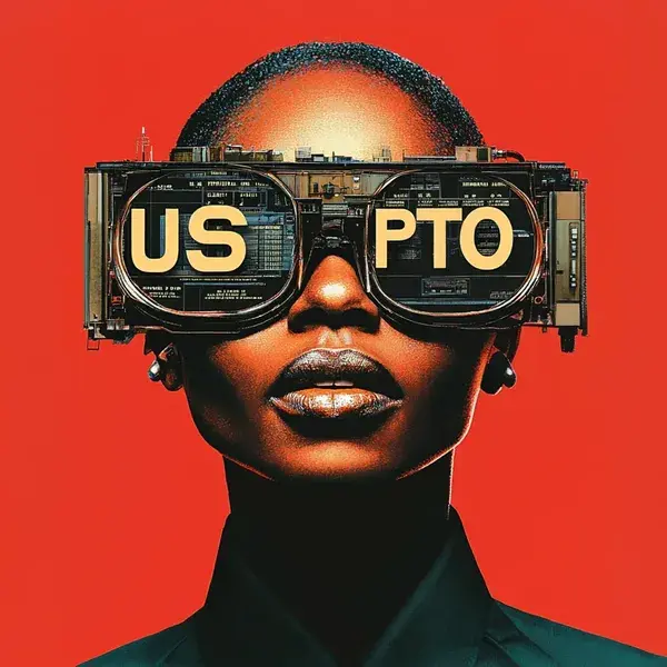 Person wearing futuristic goggles displaying 'USPTO' on the lenses, set against a red background.